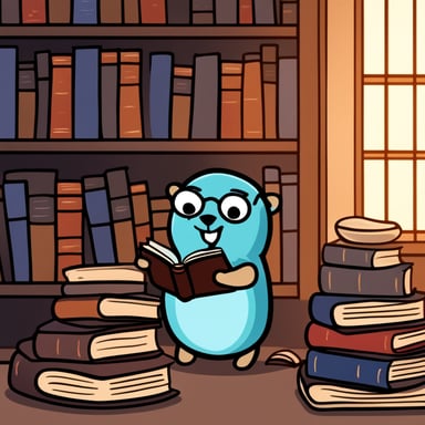 Go Blue Gopher reading an ancient book in a library with stained glass.