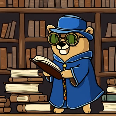Go Blue Gopher reading an ancient book in a library with stained glass.