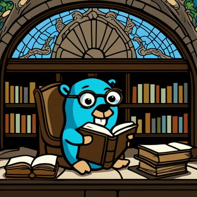 Go Blue Gopher reading an ancient book in a library with stained glass.