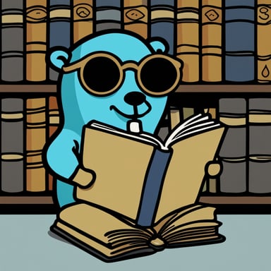 Go Blue Gopher reading an ancient book in a library with stained glass.