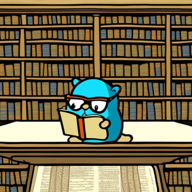 Stained glass representation of Go Blue Gopher reading ancient scripts in an ancient library.