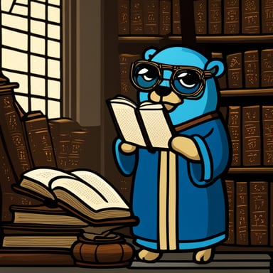 Stained glass representation of Go Blue Gopher reading ancient scripts in an ancient library.