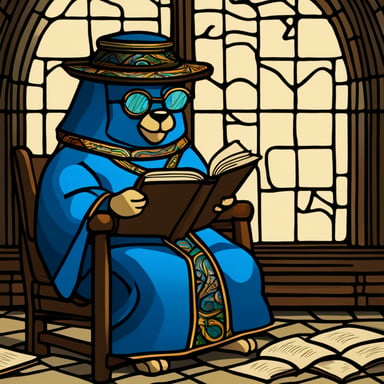 Stained glass representation of Go Blue Gopher reading ancient scripts in an ancient library.
