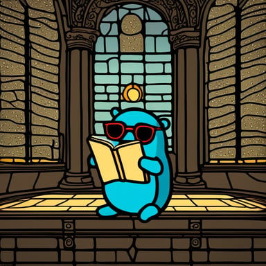 Stained glass representation of Go Blue Gopher reading ancient scripts in an ancient library.