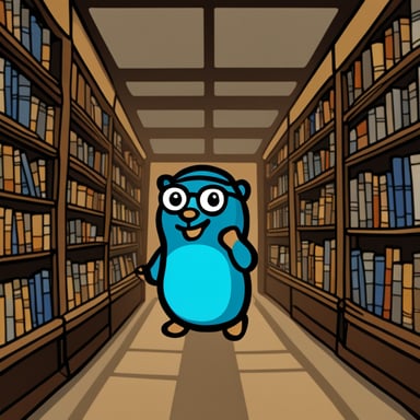 Stained glass of Go Blue Gopher looking wise in a library.