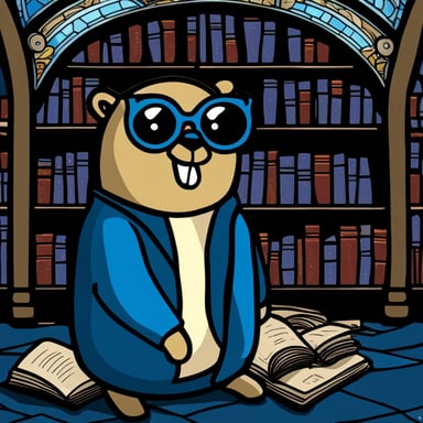 Stained glass of Go Blue Gopher looking wise in a library.