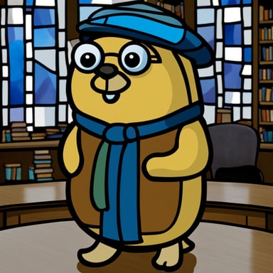 Stained glass of Go Blue Gopher looking wise in a library.