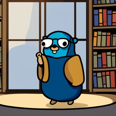 Stained glass of Go Blue Gopher looking wise in a library.