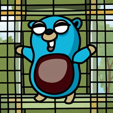 Stained glass of Go Blue Gopher sticking its tongue out.