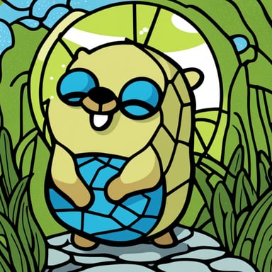 Stained glass of Go Blue Gopher sticking its tongue out.