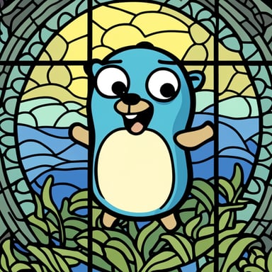 Stained glass of Go Blue Gopher sticking its tongue out.