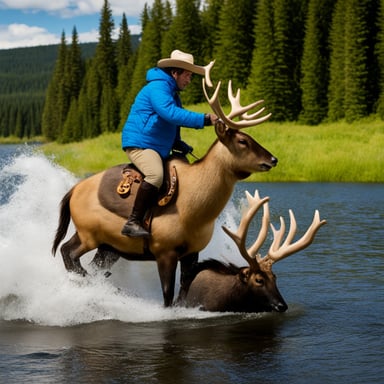 A Go Blue Gopher riding an elk.