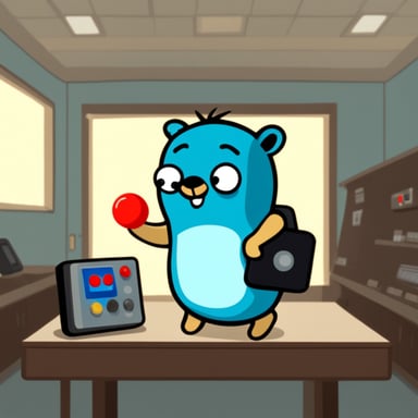 Go Blue Gopher closing eyes and pushing the red button.