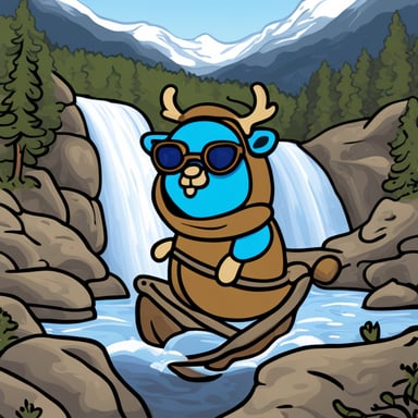 A ponderous Go Blue Gopher riding an elk against a waterfall backdrop