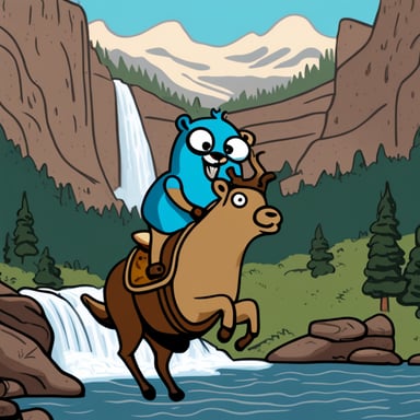 A ponderous Go Blue Gopher riding an elk against a waterfall backdrop