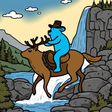 A ponderous Go Blue Gopher riding an elk against a waterfall backdrop