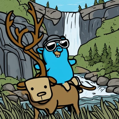 A ponderous Go Blue Gopher riding an elk against a waterfall backdrop