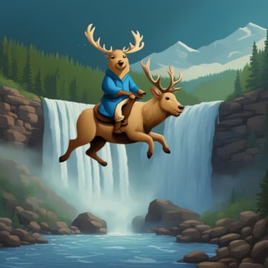 Go Blue Gopher riding an elk against a waterfall backdrop