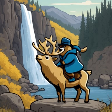 Go Blue Gopher riding an elk against a waterfall backdrop