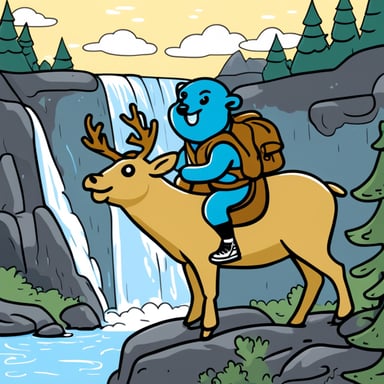 Go Blue Gopher riding an elk against a waterfall backdrop