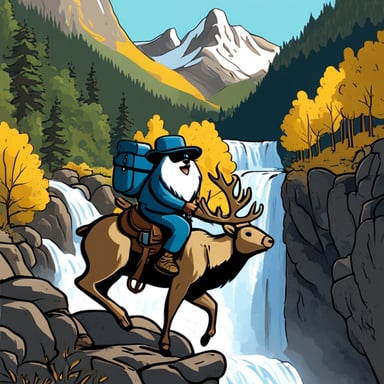 Go Blue Gopher riding an elk against a waterfall backdrop
