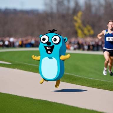 Go Blue Gopher finishing a race.