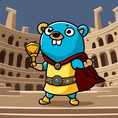 Go Blue Gopher as a gladiator in the Colosseum fighting the Java mascot.