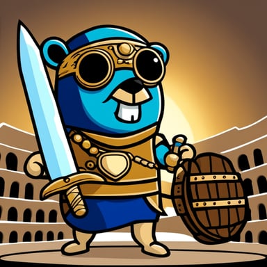 Go Blue Gopher as a gladiator in the Colosseum fighting the Java mascot.