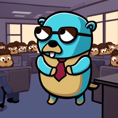 Go Blue Gopher teaching a class about Why the JVM is evil.