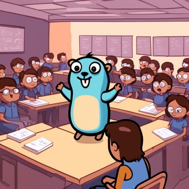 Go Blue Gopher teaching a class about Why the JVM is evil.