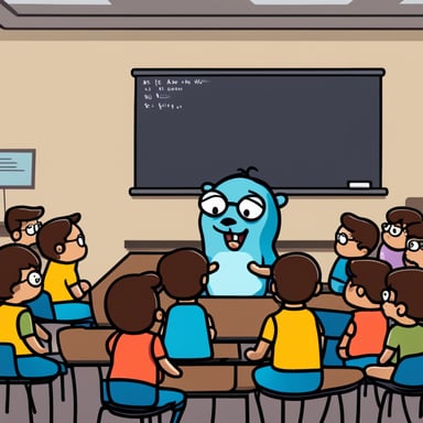 Go Blue Gopher teaching a class about Why the JVM is evil.