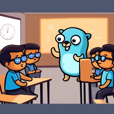 Go Blue Gopher teaching a class about Why the JVM is evil.