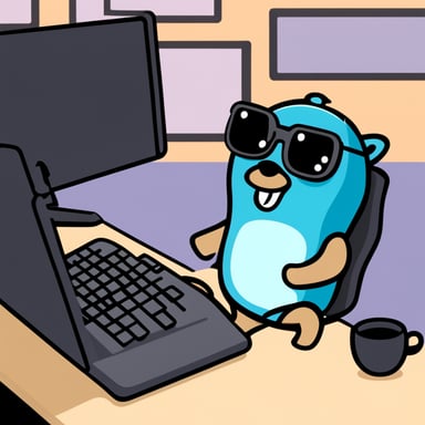 Go Blue Gopher with a chat headset and mug of coffee at a keyboard.