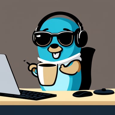 Go Blue Gopher with a chat headset and mug of coffee at a keyboard.