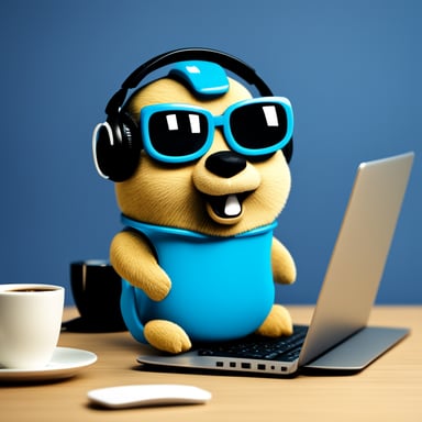 Go Blue Gopher with a chat headset and mug of coffee at a keyboard.