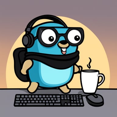 Go Blue Gopher with a chat headset and mug of coffee at a keyboard.