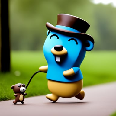 Happy Go Blue Gopher walking a dog.