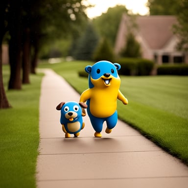 Happy Go Blue Gopher walking a dog.