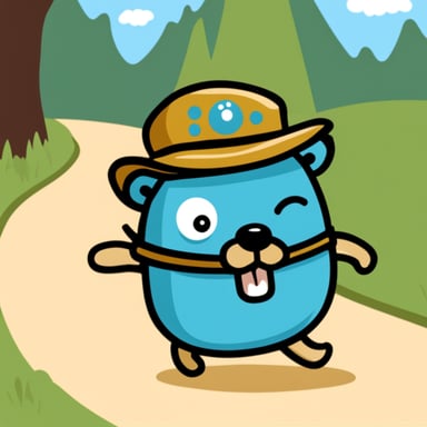 Happy Go Blue Gopher walking a dog.