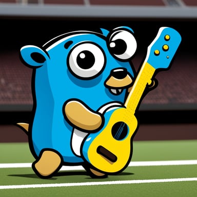 Go Blue Gopher in the style of a video game character, captured with a close-up super wide-angle lens.