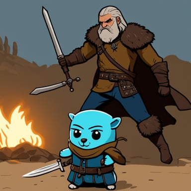 Go Blue Gopher, embodying Geralt from the Witcher series, is locked in combat with a ghul.