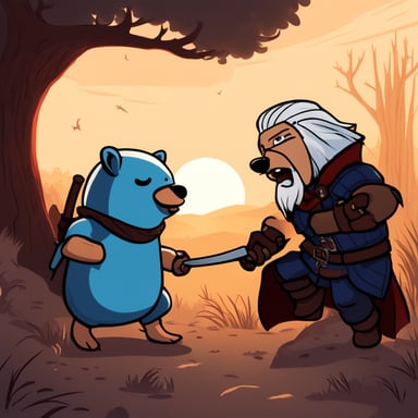 Go Blue Gopher, embodying Geralt from the Witcher series, is locked in combat with a vampire.