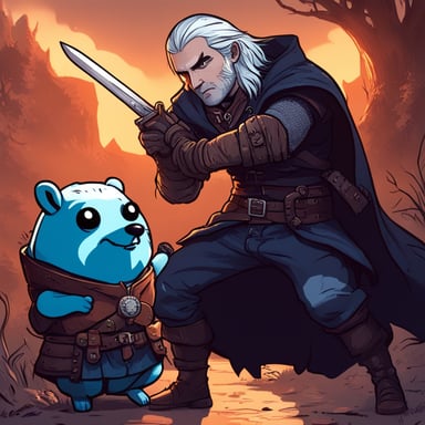 Go Blue Gopher, embodying Geralt from the Witcher series, is locked in combat with a vampire.