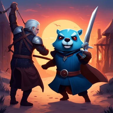 Go Blue Gopher, embodying Geralt from the Witcher series, is locked in combat with a vampire.