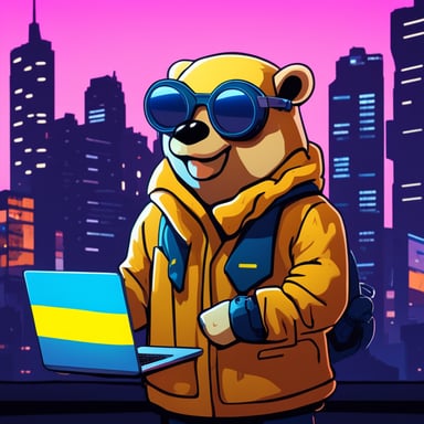 In a neon-lit cyberpunk city, a Go Blue Gopher stands out, laptop in hand, proudly holding the Ukraine flag.