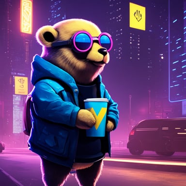 In a neon-lit cyberpunk city, a Go Blue Gopher stands out, laptop in hand, proudly holding the Ukraine flag.
