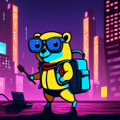 In a neon-lit cyberpunk city, a Go Blue Gopher stands out, laptop in hand, proudly holding the Ukraine flag.
