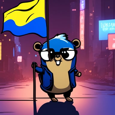 In a neon-lit cyberpunk city, a Go Blue Gopher stands out, laptop in hand, proudly holding the Ukraine flag.
