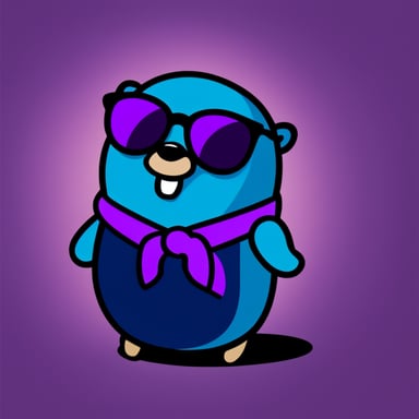 Go Blue Gopher with purple bald, a beard, and black glasses.