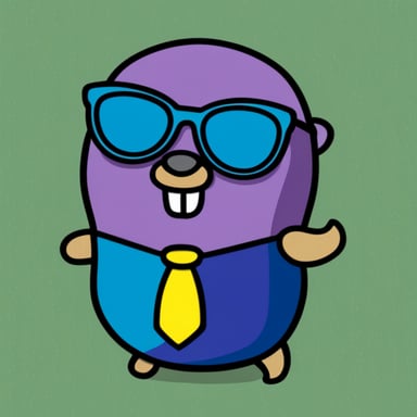 Go Blue Gopher with purple bald, a beard, and black glasses.